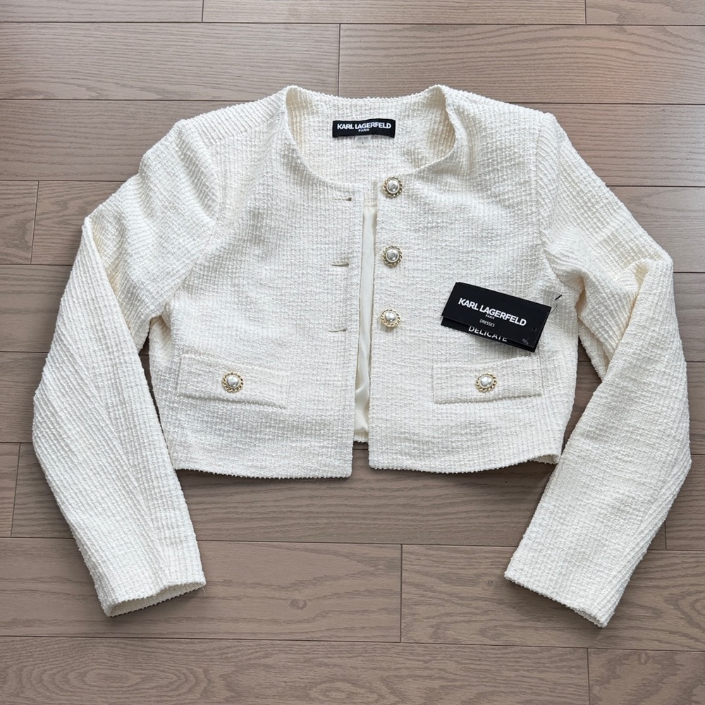 Karl Lagerfeld Paris Ivory Tweed Cropped Blazer